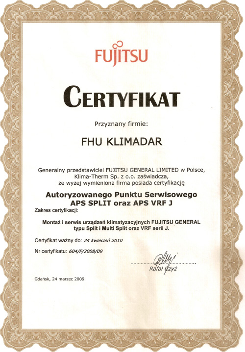 certyfikat klimatyzacja klimadar